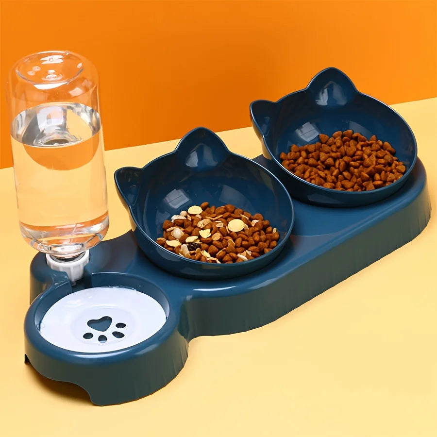 Elevate Your Cat's Dining Experience with Our 3-in-1 Tilted Pet Bowls Featuring a Convenient Water Feeder