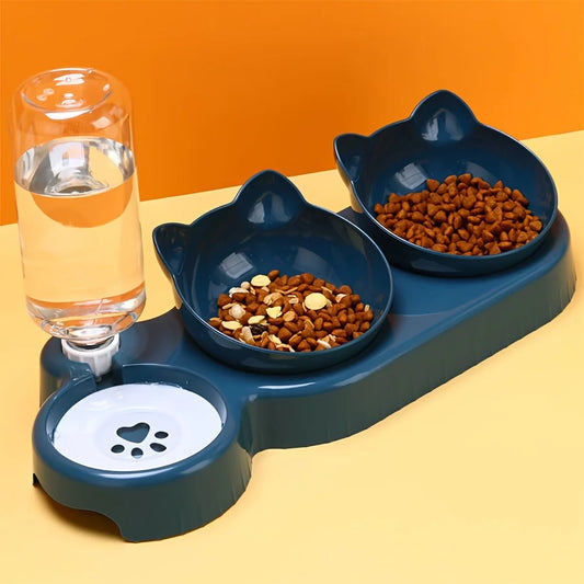 Elevate Your Cat's Dining Experience with Our 3-in-1 Tilted Pet Bowls Featuring a Convenient Water Feeder