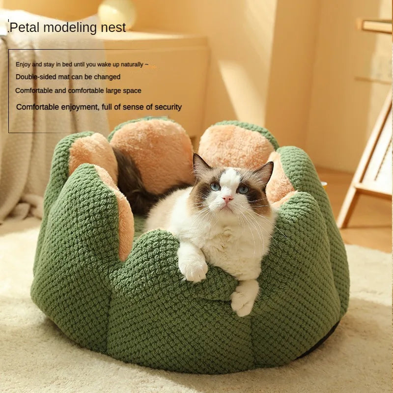 Cozy Up Your Cat This Winter with the Thickened Fleece Cactus Nest Bed - Perfect for Snuggling!