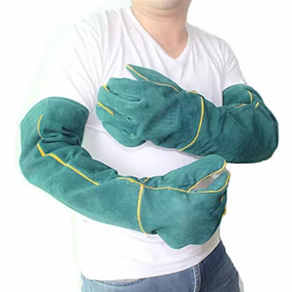 Protective Anti-Bite Safety Gloves for Handling Dogs, Cats, and Reptiles - Ultra Long Leather Green Gloves for Maximum Safety