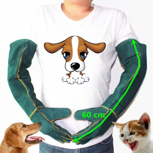Protective Anti-Bite Safety Gloves for Handling Dogs, Cats, and Reptiles - Ultra Long Leather Green Gloves for Maximum Safety