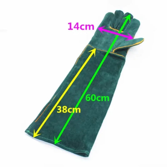 Protective Anti-Bite Safety Gloves for Handling Dogs, Cats, and Reptiles - Ultra Long Leather Green Gloves for Maximum Safety